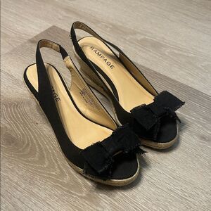 Rampage Dezie Wedge Slingbacks Raw Edge Black Linen Bows Espadrilles Sz 7